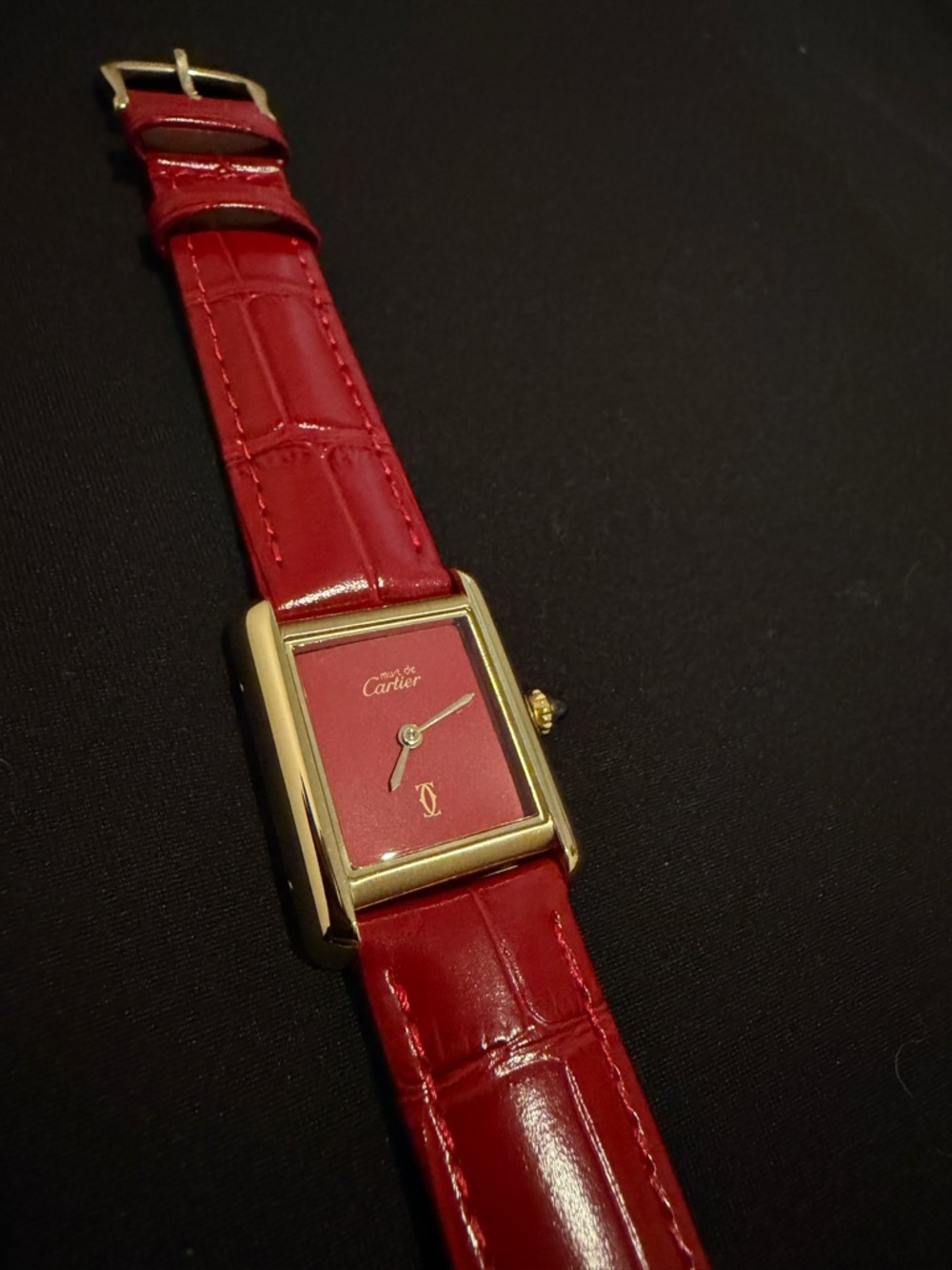 Cartier Red Dial Gold-Tone Rectangular Watch with Red Leather Strap Small size